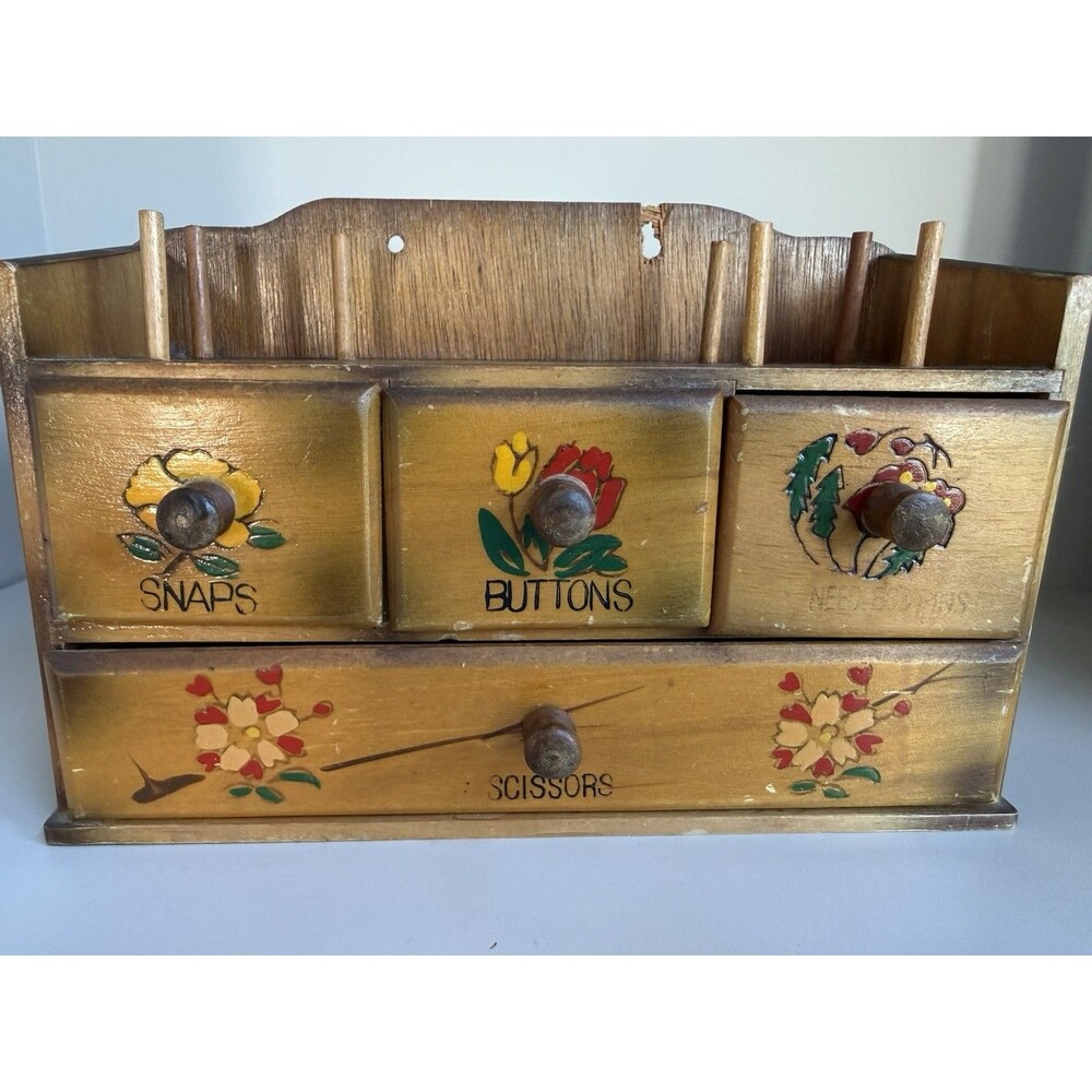 Vintage Wood Wooden Hanging Sewing Box Storage Drawers Painted Flowers